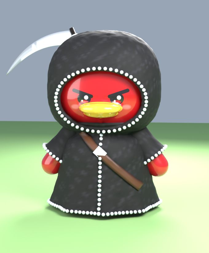 The Grim Reaper: a red jelly duck in a hooded black robe with a scythe on its back
